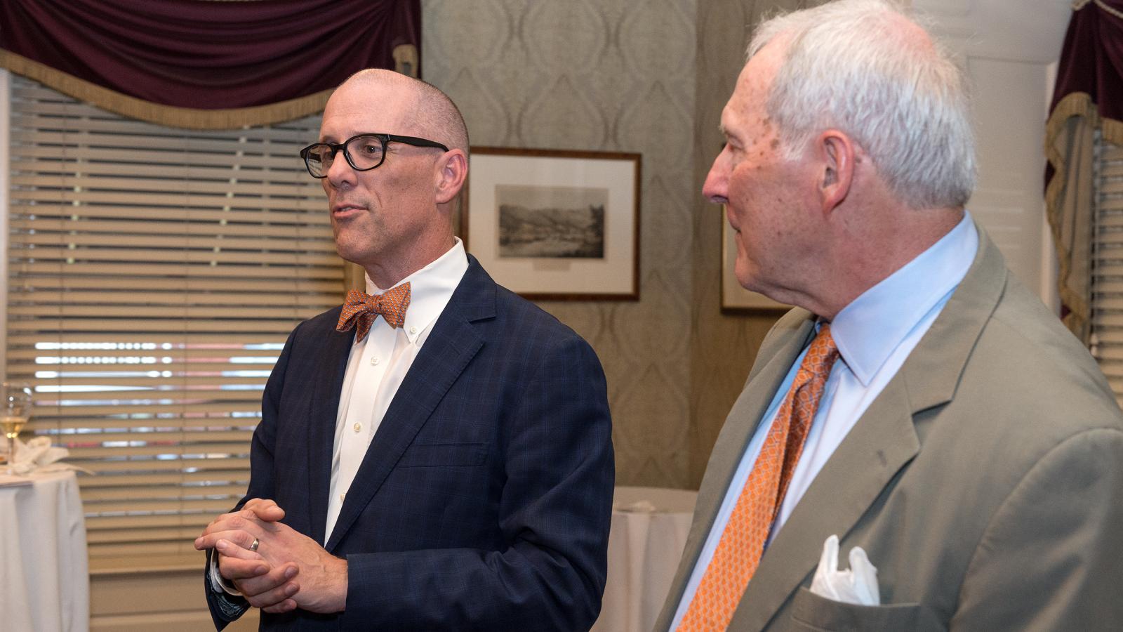 Gordon Smith, M.D., professor and chair of the Department of Neurology at VCU School of Medicine, stands alongside Charlie Bryan to thank Charlie’s classmates for their contributions and explain the important impact that funds like theirs have on early-stage research. 
