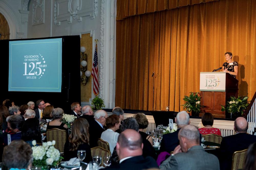 Jean Giddens, Ph.D., dean of the VCU School of Nursing, addresses the crowd at the school’s 125th Anniversary Gala at The Jefferson Hotel on October 25. Photo courtesy of VCU  School of Nursing