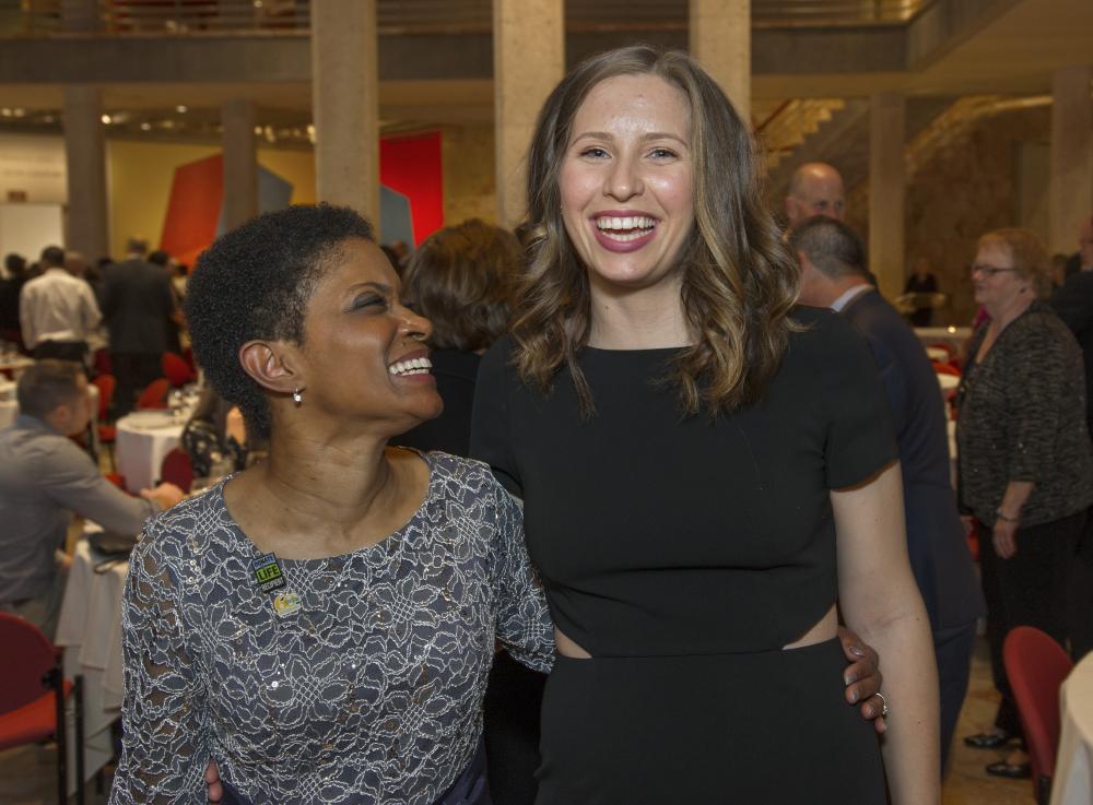 Hume-Lee transplant recipients Marilyn Coleman (left) and Bethany Sandone shared their stories of second chances at the transplant center’s 60th anniversary celebration on Dec. 2.