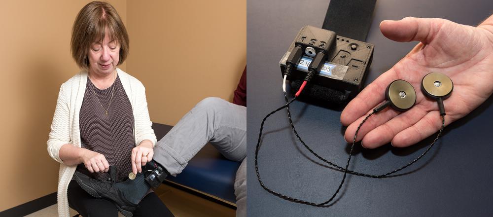 In a lab at the VCU School of Nursing, Ingrid Pretzer-Aboff, Ph.D., RN, studies a vibrating device worn inside the shoe that could significantly reduce or put an end to a symptom of Parkinson’s disease known as freezing of gait. Dr. Pretzer-Aboff’s research is supported by The Michael J. Fox Foundation. Photos: Kevin Schindler