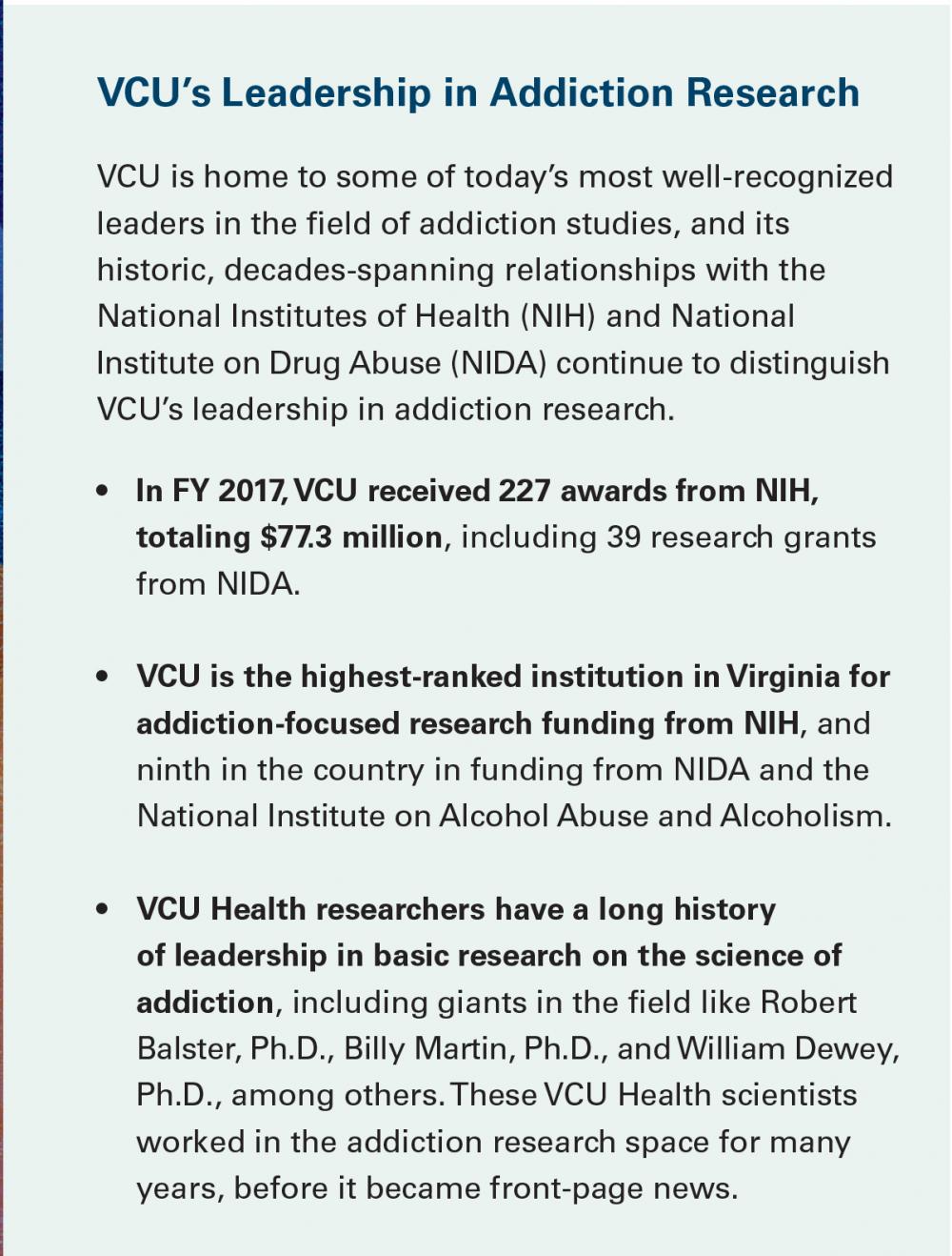Infographic on VCU's leadership in addiction research