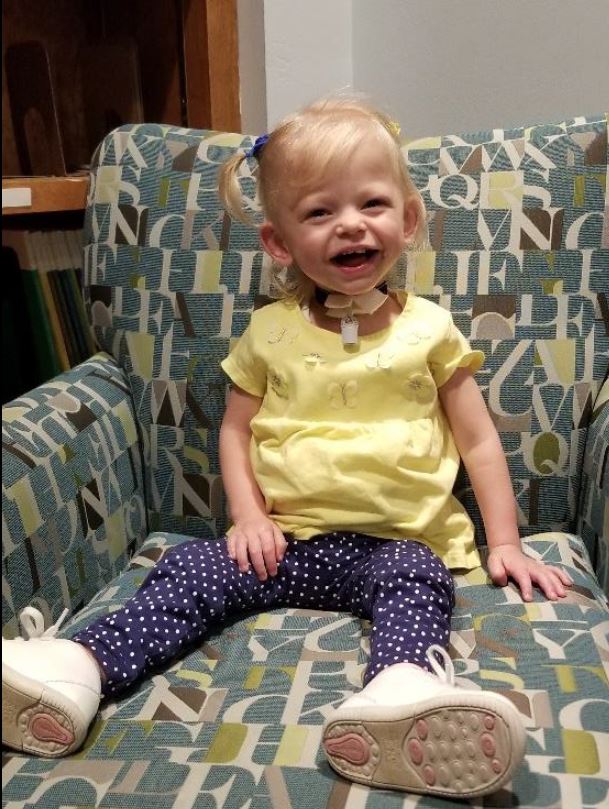 Two-year-old Brooklynn Gentry relaxes a bit at The Doorways this past May. At the time, she was recovering from a tonsillectomy, and she and her mom were already making plans to return to The Doorways for a surgical procedure at VCU Medical Center to remove Brooklynn’s tracheotomy.