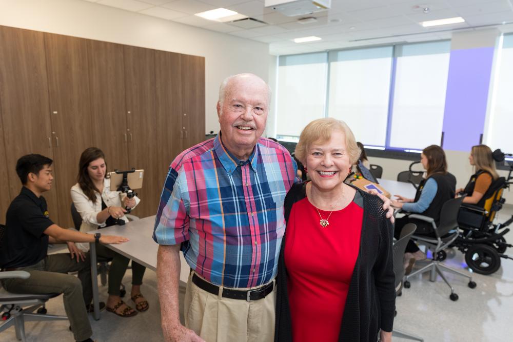 Jack Dalness, D.D.S., and Carlyn Dalness tour the Herbert and Charlotte Meyer Assistive Technologies Laboratory & Quiet Room at the VCU College of Health Professions. They named the lab in honor of Carlyn’s parents. Her father benefitted greatly from occupational therapy after being wounded in WWII. Photo: Kevin Schindler