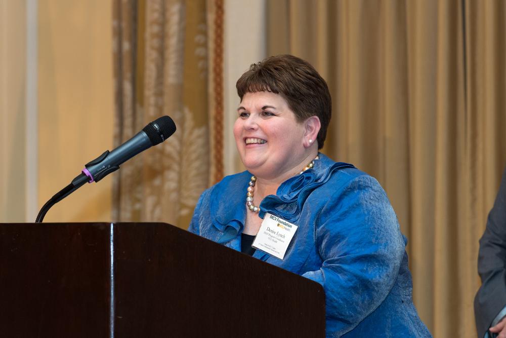 Denise Lynch, RN, accepts her Jerome F. Strauss Award at our annual dinner and awards ceremony.