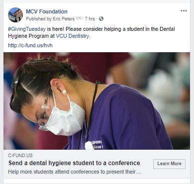 The VCU School of Dentistry raised funds on Giving Tuesday for its dental hygiene students. We helped by sharing their campaign on Facebook.