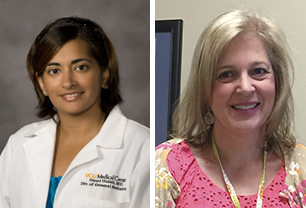 Nuzzi team member Gauri Gulati, M.D. (left), assistant professor of pediatrics, works with mothers in both the hospital setting as well as the outpatient breastfeeding clinic at the Children’s Hospital of Richmond at VCU. Sharon Brinkley, a nurse in the Labor and Delivery Unit who has a background in textiles, provides critical expertise as the member of the Nuzzi team who made all the early prototypes.