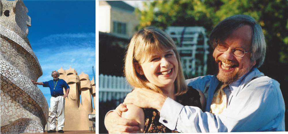 Williamsburg residents Frank and Eliza Parrish are avid travelers, a pursuit that Frank says has been made possible by the care and surgery he received on the MCV Campus at VCU Health. Above on the left, Frank stands atop the Sagrada Familia in Barcelona, Spain. On the right, Eliza and Frank enjoy a wedding in Massachusetts.