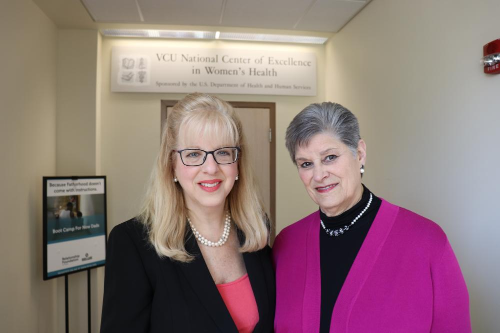 Susan Kornstein (left), M.D., executive director of the VCU Institute for Women’s Health, shares some memories with Judy Collins, RN, WHNP, the founding director of the VCU Women’s Health Center at Stony Point.