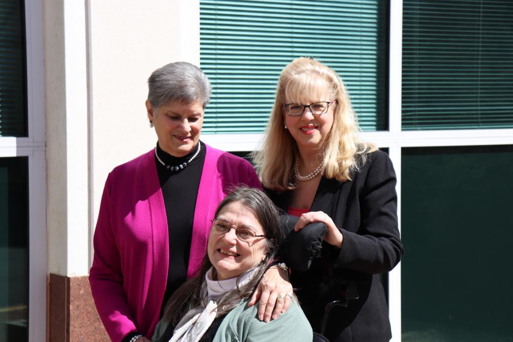 Judy Collins (back left) visits with Susan Kornstein (back right) and Vicky Griffin (front) at VCU Health Stony Point. Judy and Susan  came up with the idea for the comprehensive women’s health center in 1987. Vicky has been a patient since 1993.