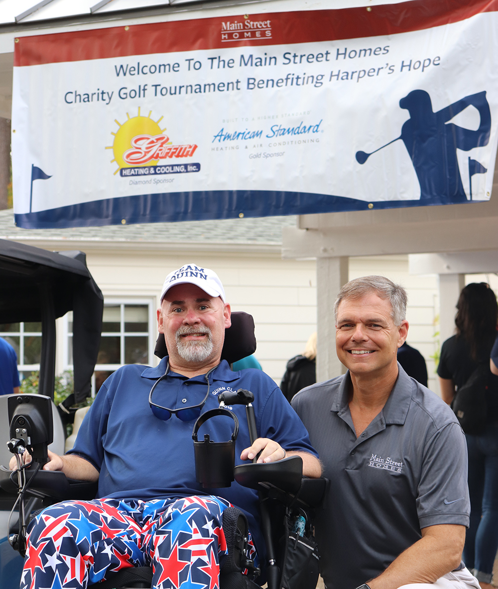 Bobby Quinn (left) and Vernon McClure prepare for the 2019 Main Street Homes Charity Golf Tournament this past September. When Bobby was diagnosed with ALS in 2017, Vernon, president of Main Street Homes, decided to make the company’s annual golf tournament a fundraiser in support of the Harper’s Hope Fund for ALS at VCU Health. 