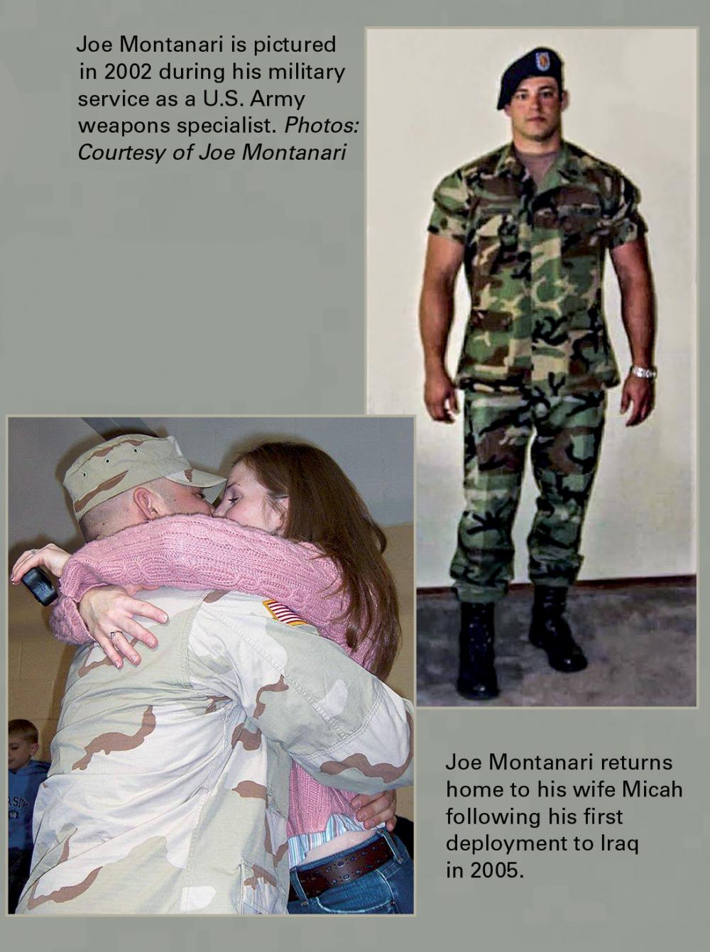 Joe in his Army uniform and Joe returning from deployment embracing a loved one