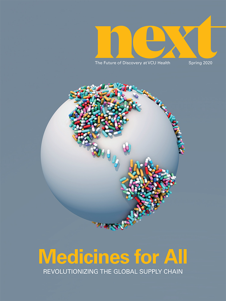 NEXT Magazine cover featuring a globe with continents made up of pills