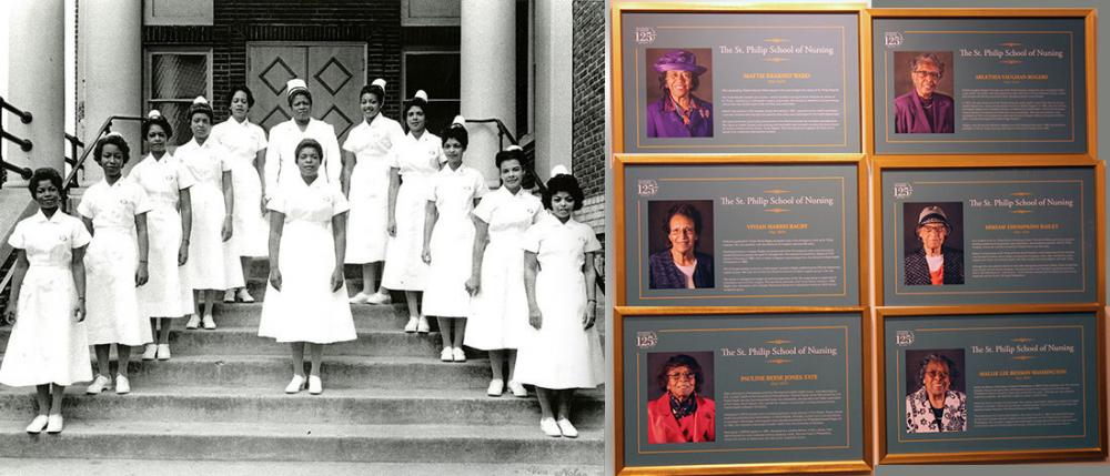 On the left, the St. Philip School of Nursing Class of 1959 gathers for a photo on the MCV Campus (photo courtesy of Tompkins-McCaw Library). On the right, the stories of six St. Philip alumnae are highlighted in the VCU School of Nursing’s Heritage Room (photo courtesy of VCU School of Nursing). In 1920, the MCV School of Nursing founded the St. Philip School of Nursing to educate African American women during segregation and to provide nursing care for patients in the St. Philip Hospital.