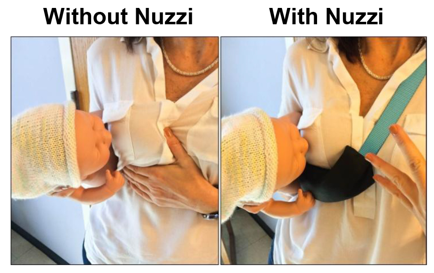 Before-and-after images illustrating how the Nuzzi works. The Nuzzi is a sling-like device invented at VCU Health that wraps around a woman’s neck and goes under her breast to provide support during breastfeeding. This support frees a mother’s hand to help express the milk and/or comfort the baby.