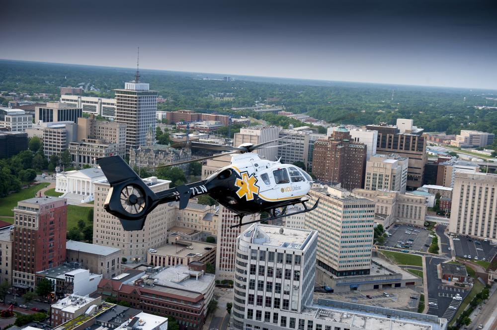 VCU Health helicopter flying over Richmond