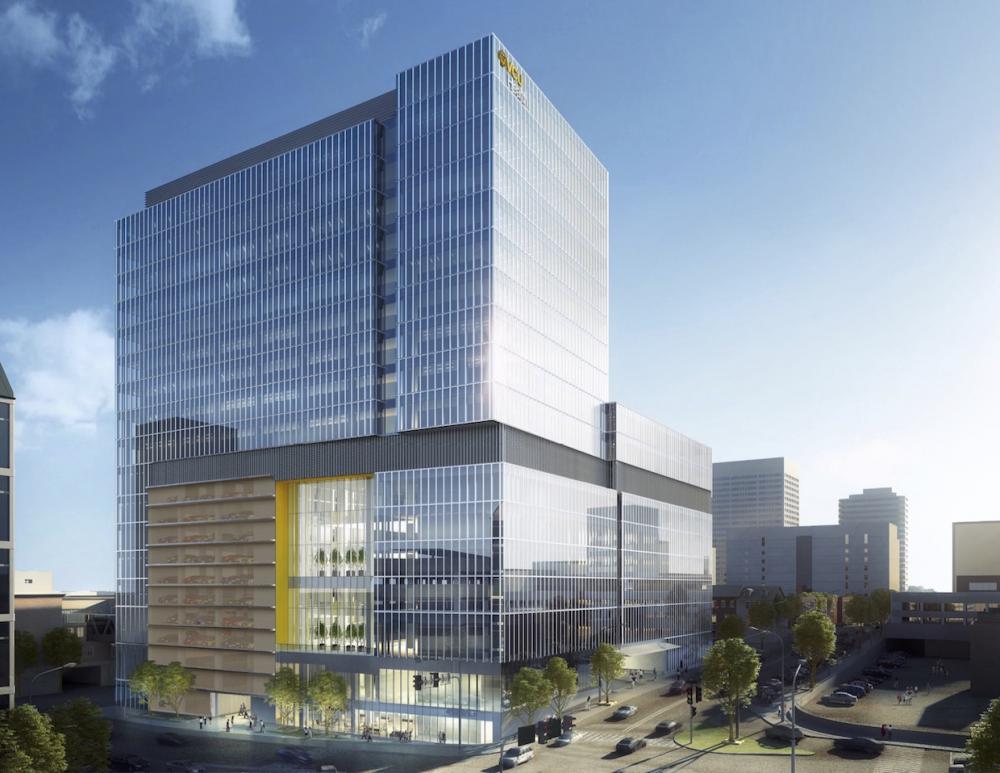 A rendering shows what the 16-story, 603,000-square-foot outpatient facility at the corner of North 10th and East Leigh streets will look like when it’s completed.