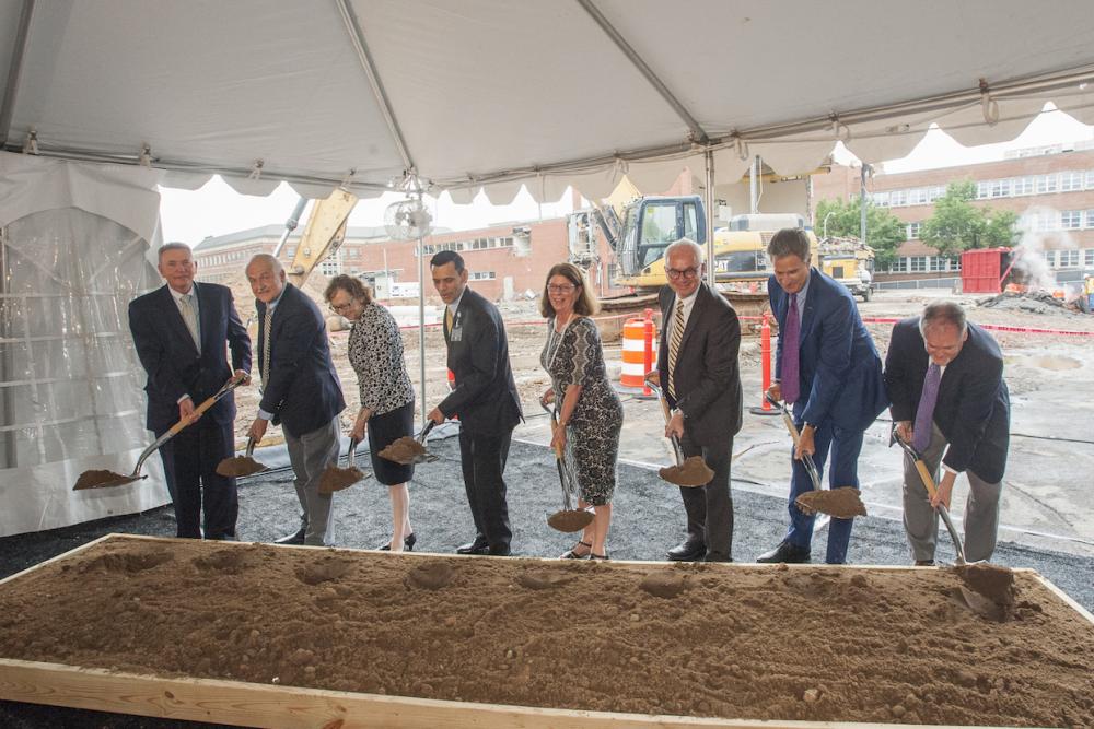 MCV Campus leaders break ground on the new VCU Health outpatient facility at the corner of North 10th and East Leigh streets. (L to R) George Emerson, member of the MCV Foundation Board of Trustees, the Massey Cancer Center Advisory Board and VCU Health System Authority Board of Directors; Gordon Ginder, M.D., director of VCU Massey Cancer Center; Marsha Rappley, M.D., CEO of VCU Health System and vice president of health sciences at VCU; Michael Rao, Ph.D., president of Virginia Commonwealth University and VCU Health System; Deborah Davis, CEO of VCU Hospitals and Clinics and vice president for clinical affairs at VCU; Peter Buckley, M.D., dean of the VCU School of Medicine and executive vice president for medical affairs at VCU Health; Harry Thalhimer board chair of the MCV Foundation; and Larry Little, vice president of support services and planning for VCU Health System. Photo: Thomas Kojcsich, VCU University Marketing