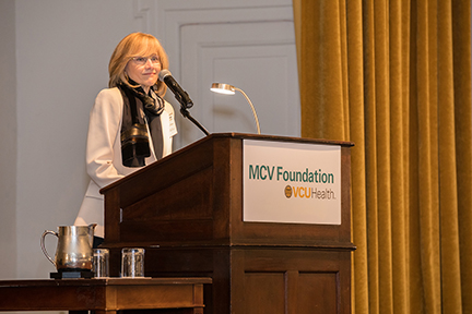 Terri Powers, a 1978 graduate of the VCU School of Pharmacy, speaks at the 2019 MCV Campus Endowed Scholarship Brunch. Terri and her husband Tom established the H.J. and Dot Hubbard Scholarship — named after Terri’s parents ¬– for pharmacy students who have demonstrated financial need and academic merit.