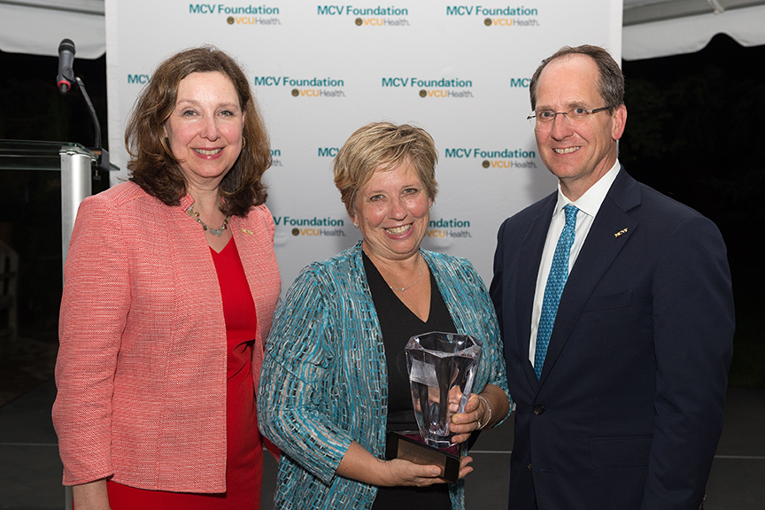 Pam Parsons, RN, Ph.D., with Margaret Ann Bollmeier, president and CEO of the MCV Foundation, and Wyatt Beazley IV, the foundation's board chair.