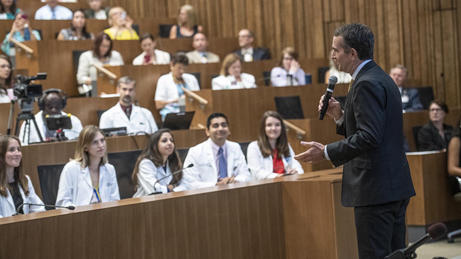 Governor Ralph Northam, M.D., speaks with students, faculty and staff from accross the MCV Campus about the opioid epidemic.