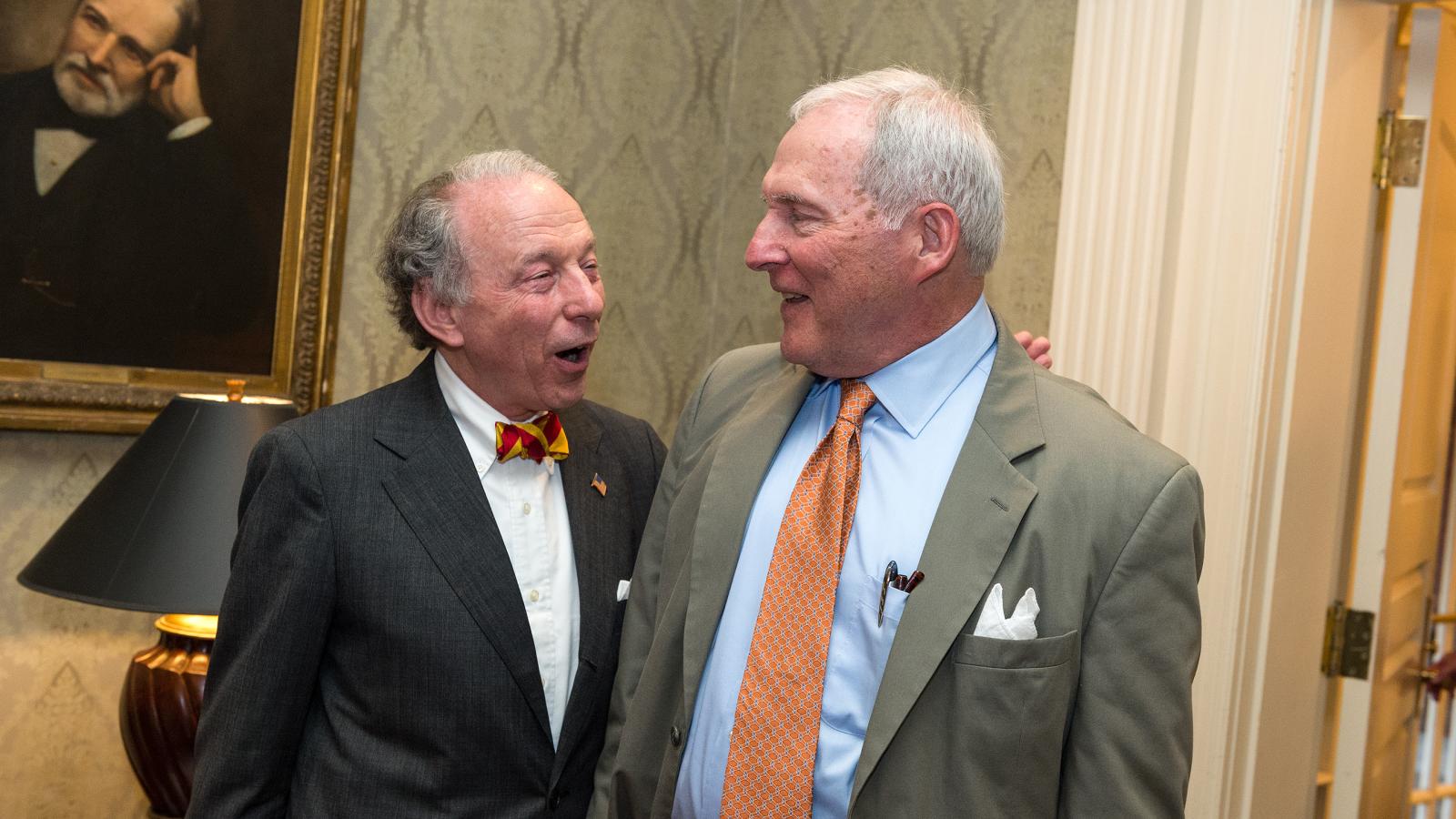 John Ishon greets Charlie Bryan just after Charlie arrived at the surprise reception in his honor. John announced the Dr. Charles F. Bryan Jr. Parkinson’s Research Fund that evening. 