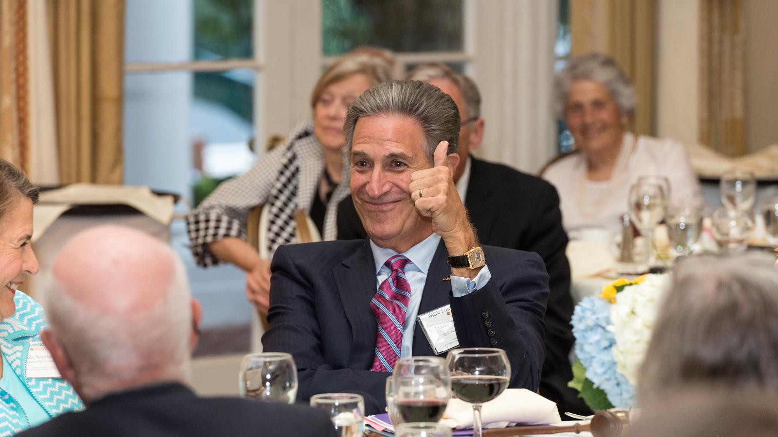 Harry Thalhimer, past chair of the MCV Foundation Board of Trustees, listens at the foundation’s annual dinner and awards ceremony as he is thanked for his three years of service as chair.