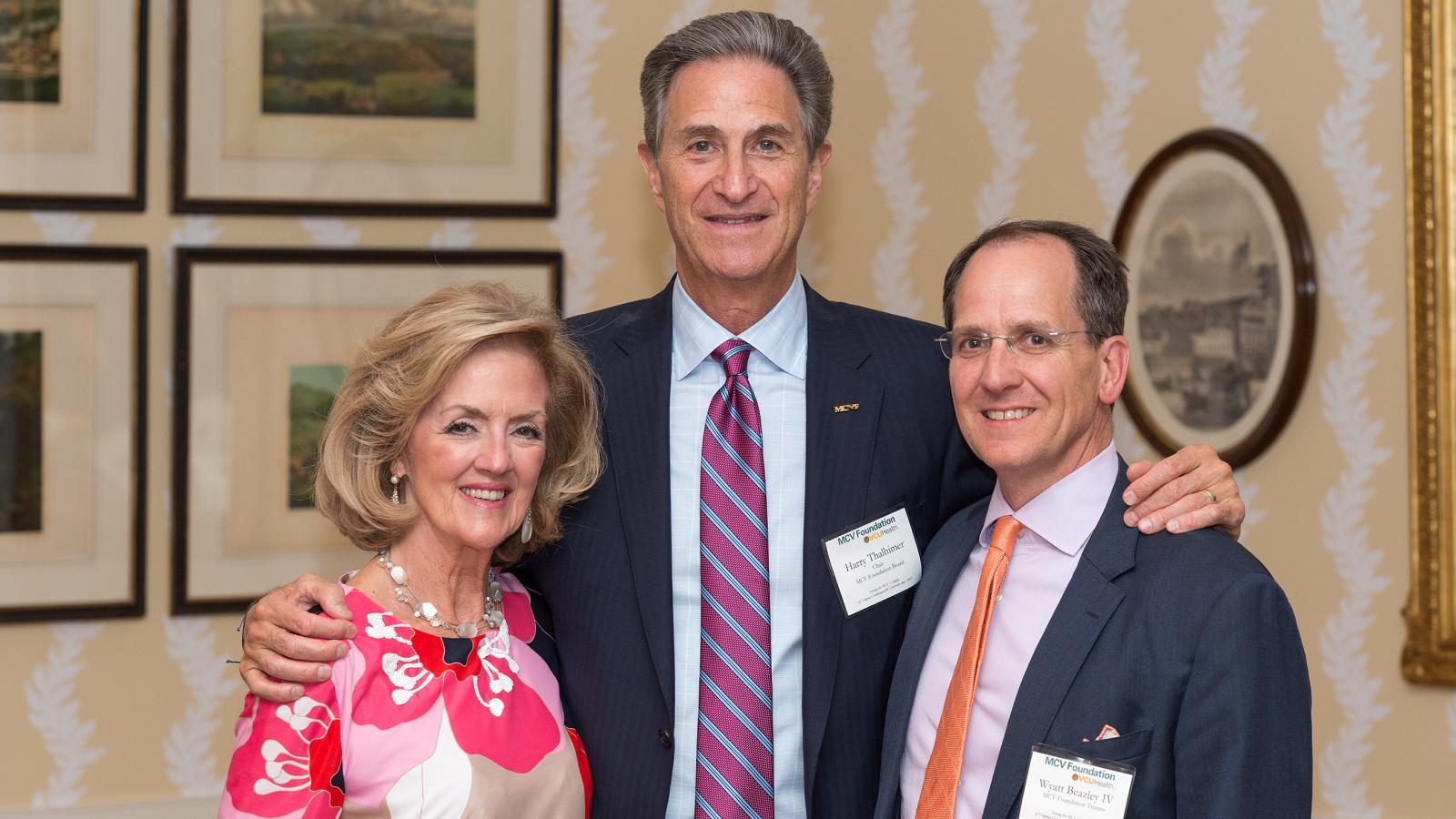 Gail Johnson and Harry Thalhimer, two past MCV Foundation board chairs, gather with Wyatt Beazley IV, current MCV Foundation board chair, at the foundation’s annual dinner and awards ceremony in 2019. Photos: Kevin Schindler