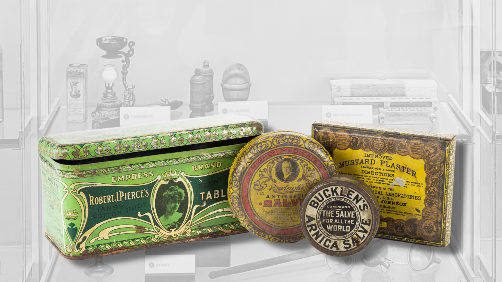 Tablet and salve tins from the VCU School of Pharmacy Heritage Trail